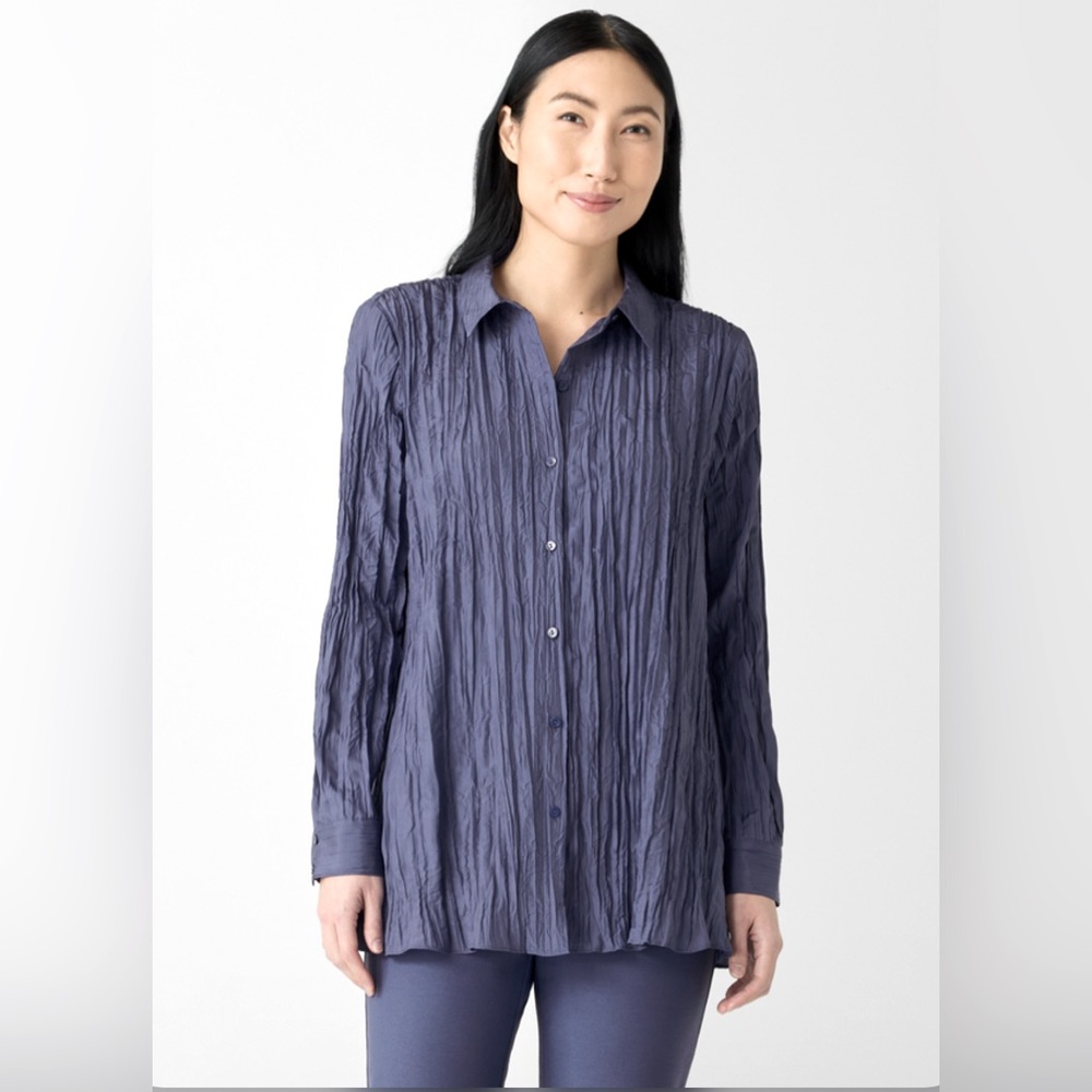 NWT EILEEN FISHER Crushed Silk Classic Collar Shirt